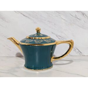Hall Vintage 6 Cup Teal/Green Tea Pots Gold Accent